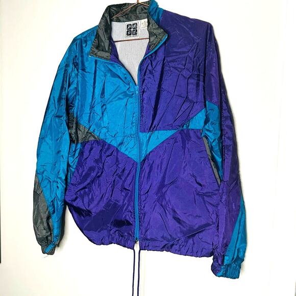 Vintage Activewear 90s Windbreaker Purple Blue Hooded Drawstring Jacket Size M - Picture 1 of 7